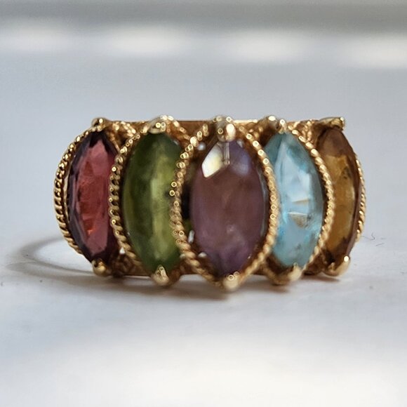 VTG "PJT 14K 585" 14k Yellow Gold Garnet Peridot Topaz & Amethyst Ring Sz 7 - Picture 9 of 10